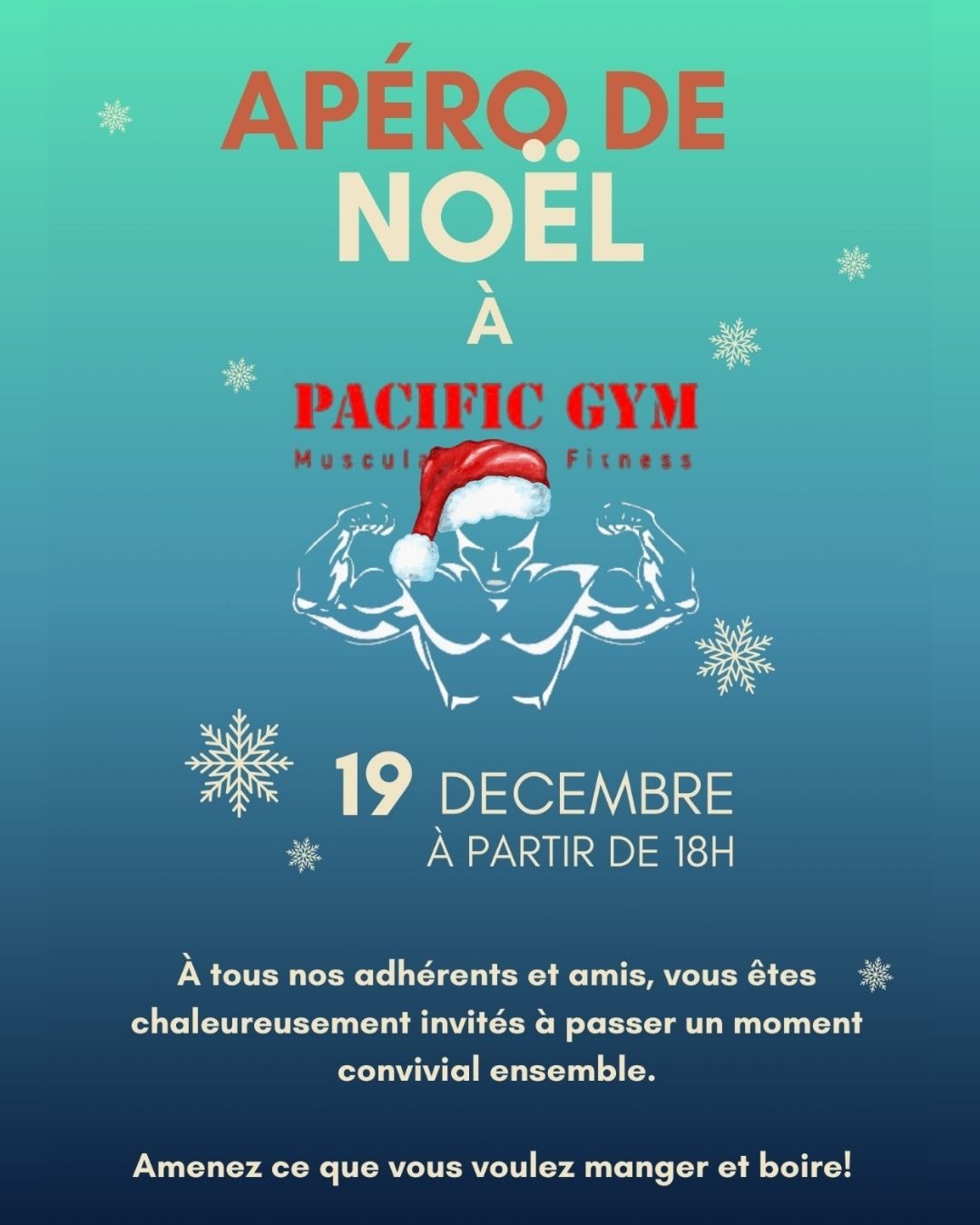 Apéro de Noël!🎉

Comme chaque année, Pacific Gym organise une soirée pour tous les adhérents et nos amis afin de passer un moment ensemble dans une ambiance moins sportive. 🍾

Vendredi 19 décembre la soirée débutera vers 18h. Notez-le dans vos agendas ! 📅

Tout le monde est invité à apporter quelque chose à manger (essayons de rester dans le domaine du sain 🙃) ou à boire.
Nous espérons vous voir nombreux !